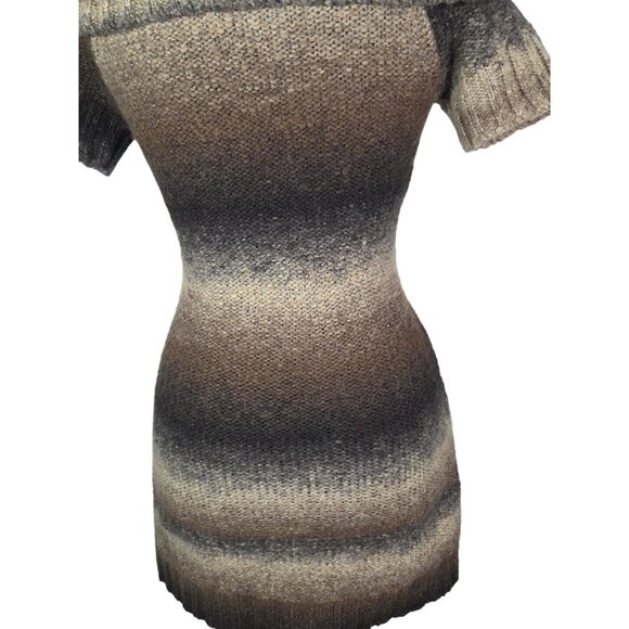 Y2K VTG Knit Short Sleeve Mini Dress Brown Foldover Neck Preppy Office Siren Sz - Picture 5 of 6
